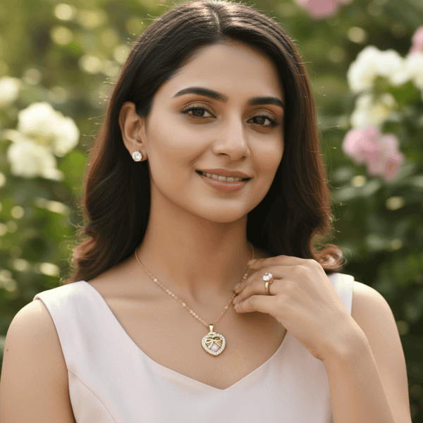 Tessara Gold-Plated Translucent Stone Heart & Bow Pendant Set