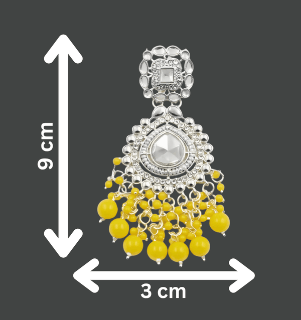 Tessara Silver-Toned Kundan Studded Drop Earrings with Yellow Beaded Drops