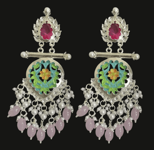 Tessara Silver-Plated Multicolor Meenakari Earrings with Onion Pink Beaded Tassels