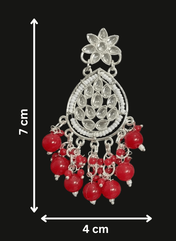Tessara Silver-Plated Kundan Teardrop Earrings with Coral Red Beaded Fringe