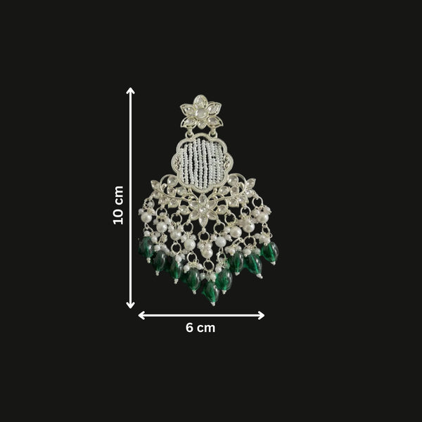 Tessara Silver Kundan Chandeliers with Bottle Green Beads