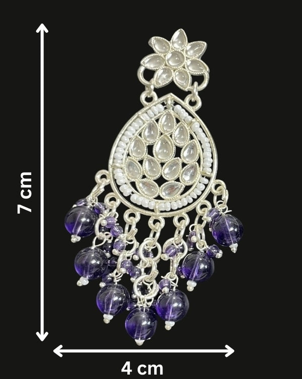 Tessara Silver-Plated Kundan Teardrop Earrings with Purple Beaded Fringe