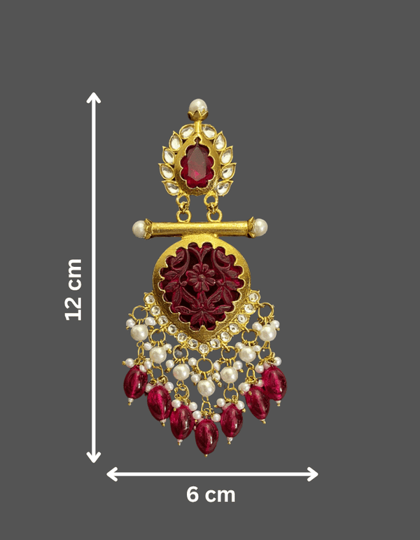 Tessara Gold Carved Stone & Pearl Danglers in Maroon