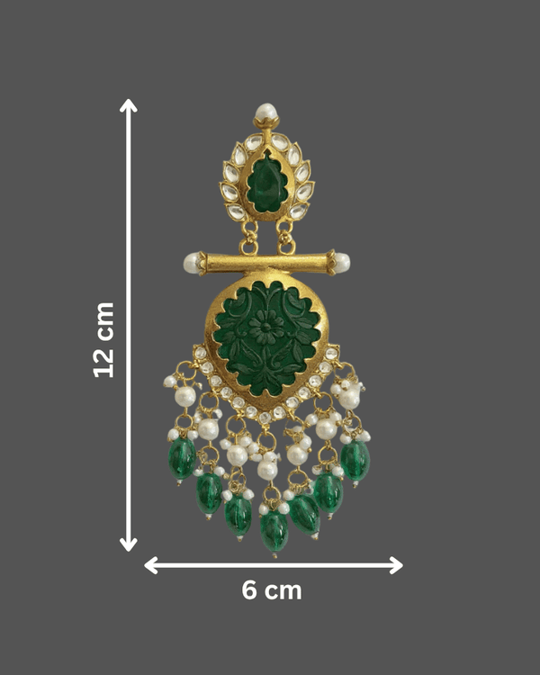 Tessara Gold-Plated Carved Stone & Pearl Drop Earrings in Bottle Green