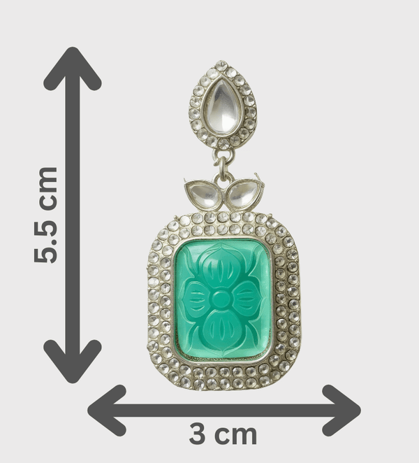 Tessara Silver-Plated Kundan Drop Earrings with Carved Sea Green Stone