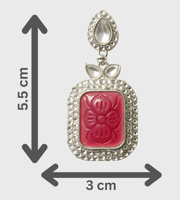 Tessara Silver-Plated Kundan Drop Earrings with Carved Rani Pink Stone