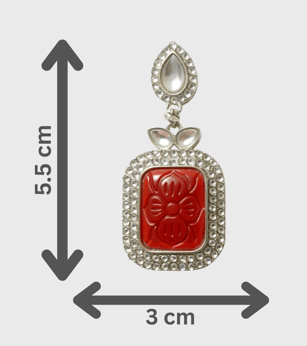 Tessara Silver-Plated Kundan Drop Earrings with Carved Coral Red Stone