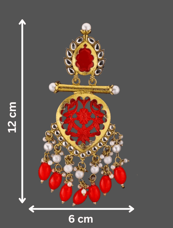 Tessara Gold Carved Stone & Pearl Danglers in Coral Red
