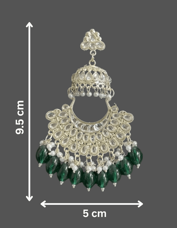 Tessara Silver-Plated Kundan Chandbali Earrings with Bottle Green Beads