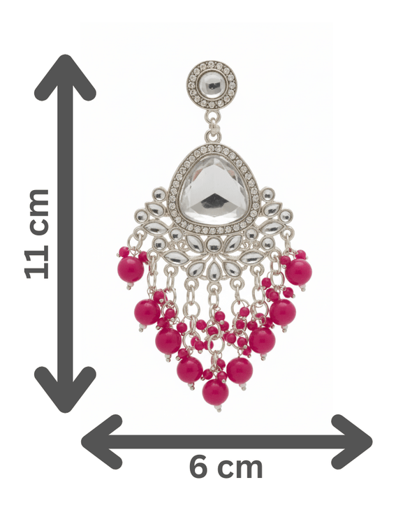 Tessara Silver-Plated Kundan Chandelier Earrings with Rani Pink Beaded Tassels