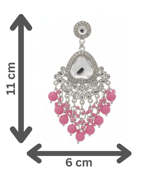 Tessara Silver-Plated Kundan Chandelier Earrings with Onion Pink Beaded Tassels
