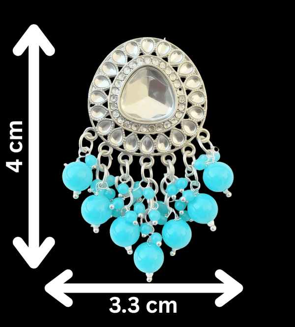 Tessara Silver-Plated Kundan Drop Earrings with Sky Blue Beaded Fringe