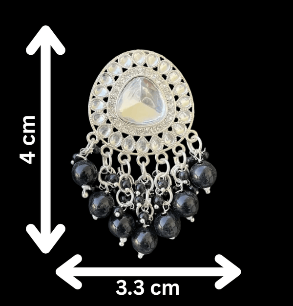 Tessara Silver-Plated Kundan Drop Earrings with Black Beaded Fringe