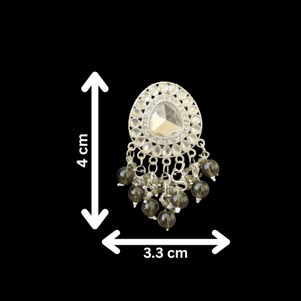 Tessara Silver-Plated Kundan Drop Earrings with Mehendi Green Beaded Fringe