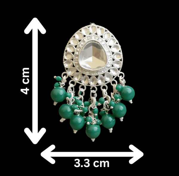 Tessara Silver-Plated Kundan Drop Earrings with Bottle Green Beaded Fringe