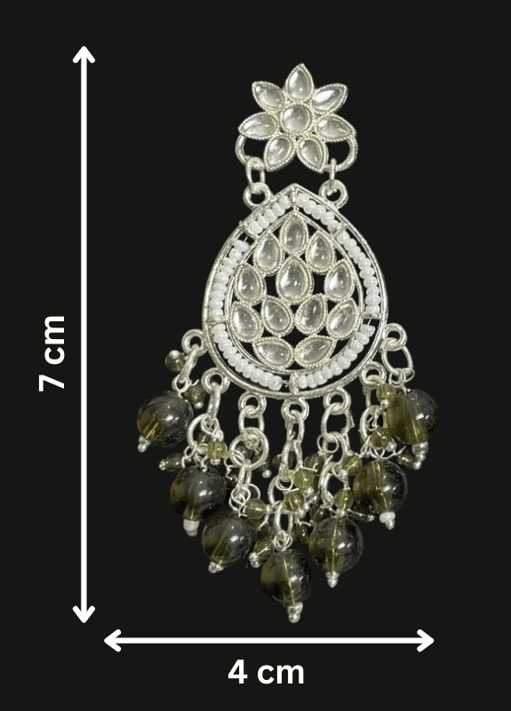 Tessara Silver-Plated Kundan Teardrop Earrings with Mehendi Green Beaded Tassels