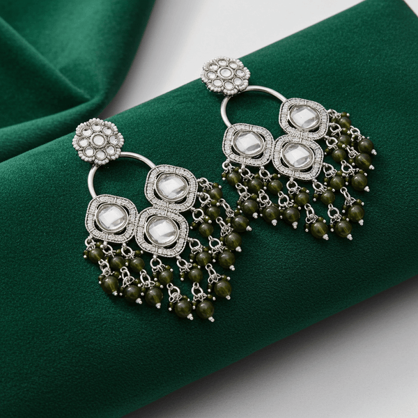 Tessara Silver-Plated Kundan Chandelier Earrings with Mehendi Green Beaded Tassels