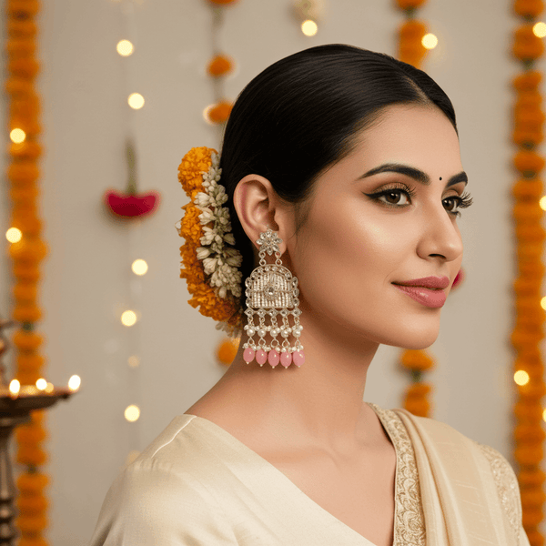 Tessara Gold-Plated Kundan Chandelier Earrings with Baby Pink Beads