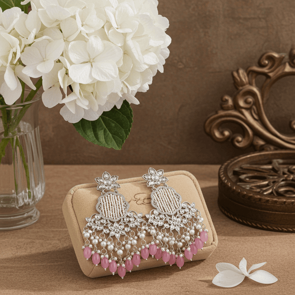 Tessara Silver Kundan Chandeliers with Onion Pink Beads