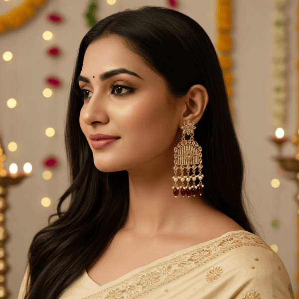 Tessara Gold-Plated Kundan Earrings with Maroon Beaded Tassels