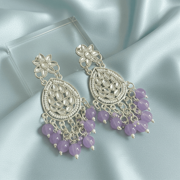 Tessara Silver Kundan Teardrop Danglers with Lavender Beads