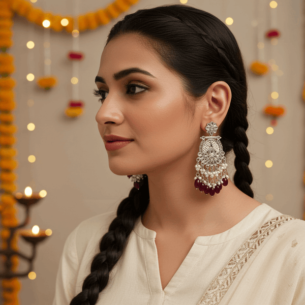 Tessara Silver-Plated Kundan Chandelier Earrings with Wine Beads