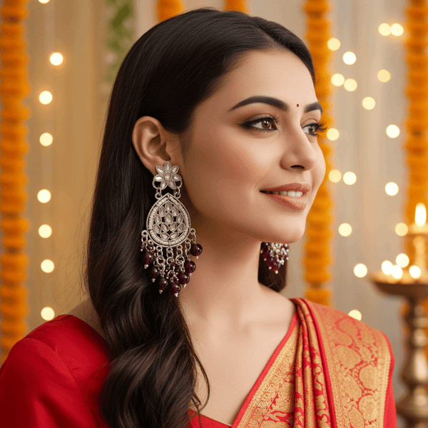 Tessara Silver Kundan Teardrop Danglers with Wine Beads