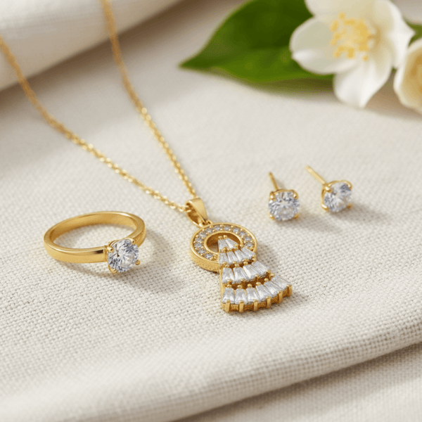 Tessara Gold-Plated Zirconia Cascade & Solitaire Pendant Set