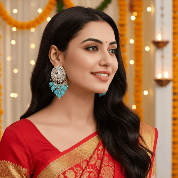 Tessara Silver-Plated Kundan Drop Earrings with Sky Blue Beaded Fringe