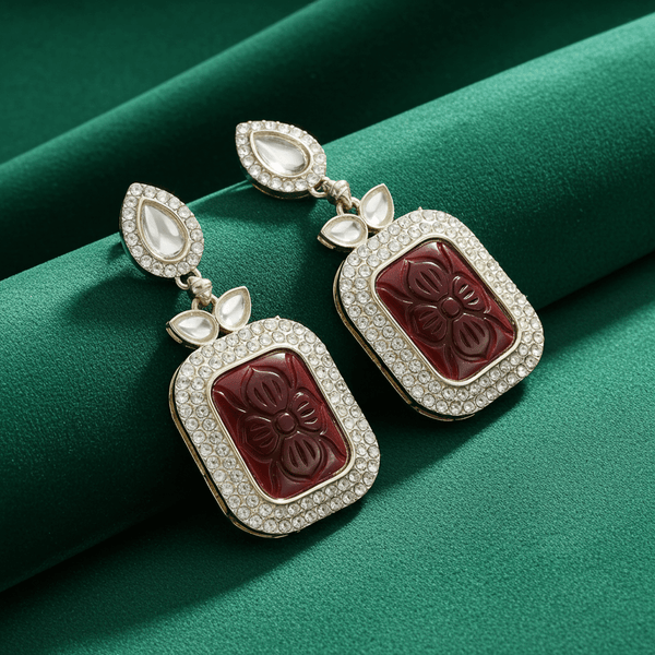 Tessara Gold-Plated Kundan Drop Earrings with Carved Maroon Stone
