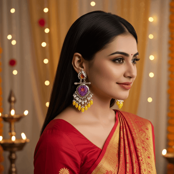 Tessara Silver-Plated Multicolor Carved Stone Earrings with Yellow Beaded Tassels