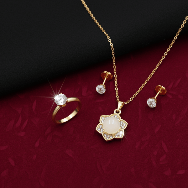 Tessara Gold-Plated Translucent Stone Floral & Solitaire Set