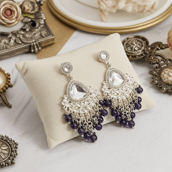 Tessara Silver-Plated Kundan Chandelier Earrings with Purple Beaded Tassels