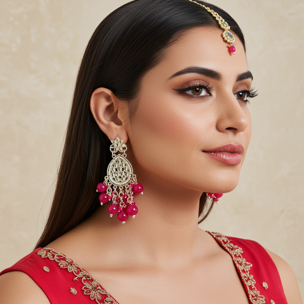 Tessara Silver Kundan Teardrop Danglers with Rani Pink Beads