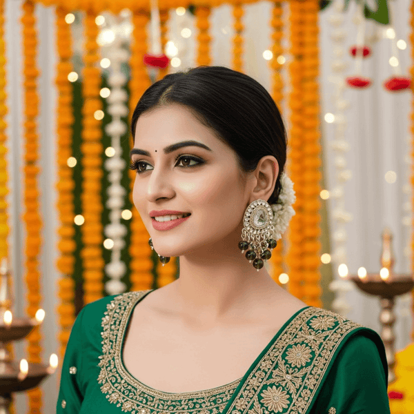 Tessara Silver-Plated Kundan Drop Earrings with Mehendi Green Beaded Fringe