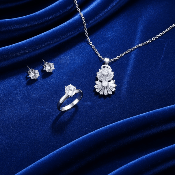 Tessara Sterling Silver Zirconia Floral & Solitaire Pendant Set