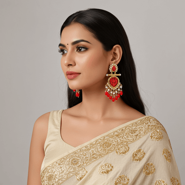 Tessara Gold Carved Stone & Pearl Danglers in Coral Red