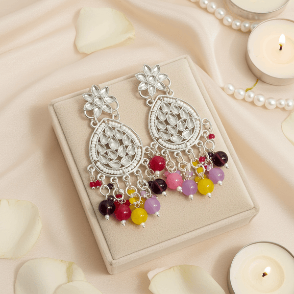 Tessara Silver-Plated Kundan Teardrop Earrings with Multicolor Beaded Fringe