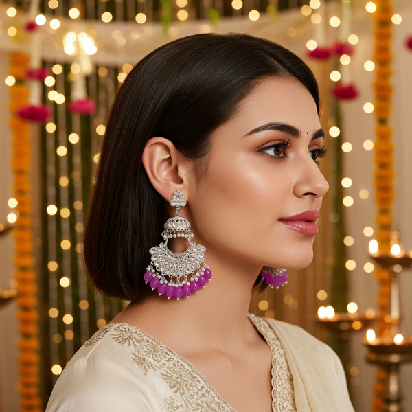 Tessara Silver-Plated Kundan Chandbali Earrings with Lavender Beads