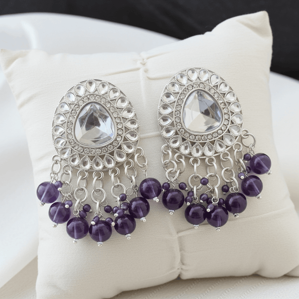 Tessara Silver-Plated Kundan Drop Earrings with Purple Beaded Fringe