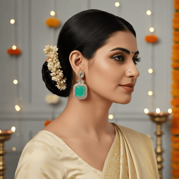 Tessara Silver-Plated Kundan Drop Earrings with Carved Sea Green Stone