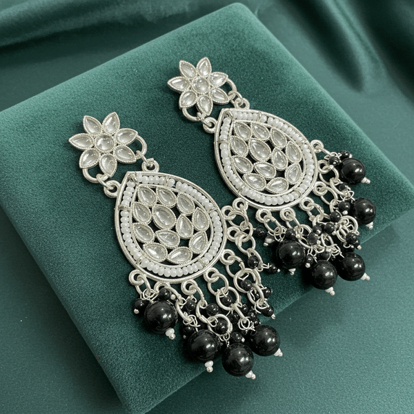 Tessara Silver-Plated Kundan Dangler Earrings with Black Beaded Tassels