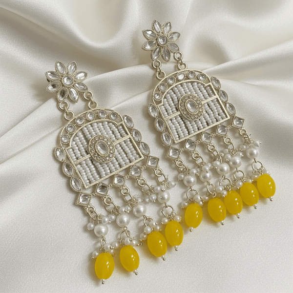 Tessara Silver-Plated Kundan Chandelier Earrings with Yellow Beads