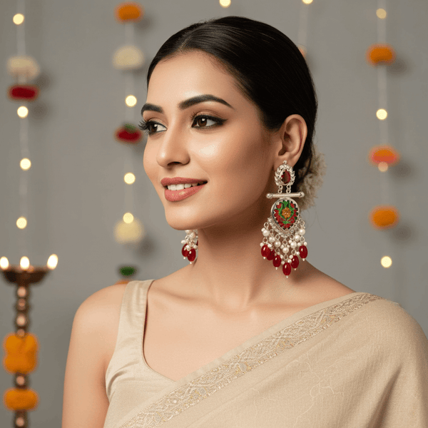 Tessara Silver-Plated Multicolor Meenakari Earrings with Ruby Red Beaded Tassels