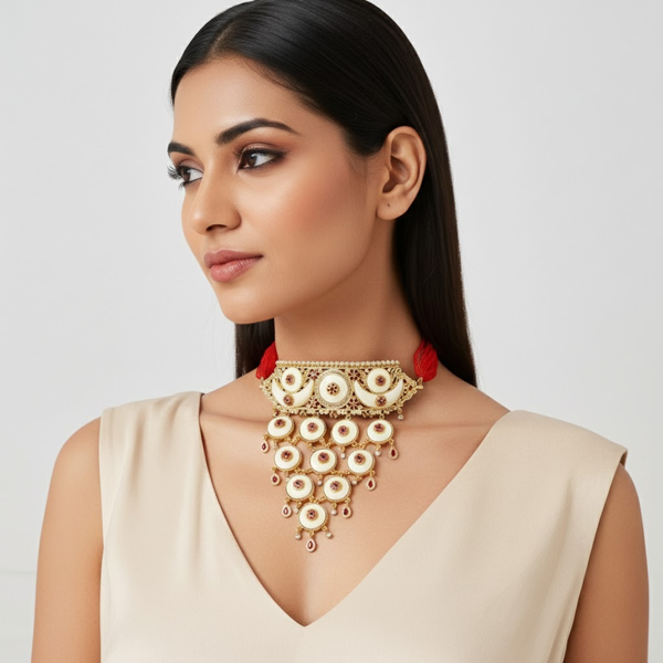 Tessara Meenakari Enamel Necklace, Red & Off-White