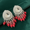Tessara Silver-Plated Kundan Drop Earrings with Coral Red Beaded Fringe