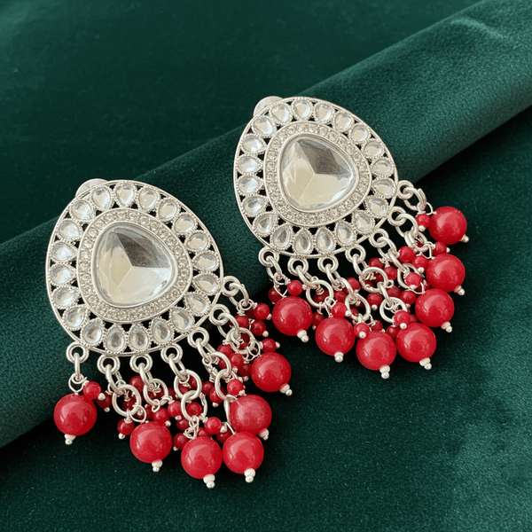 Tessara Silver-Plated Kundan Drop Earrings with Coral Red Beaded Fringe