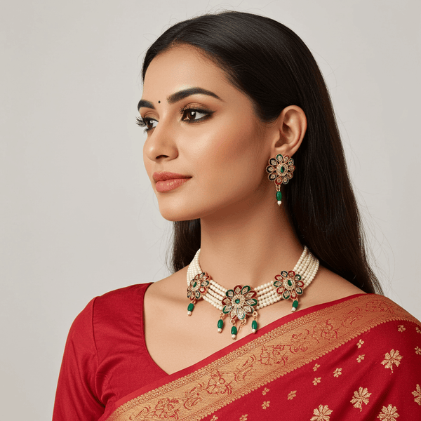 Tessara Copper Gold-plated Green, Red Jewel Set