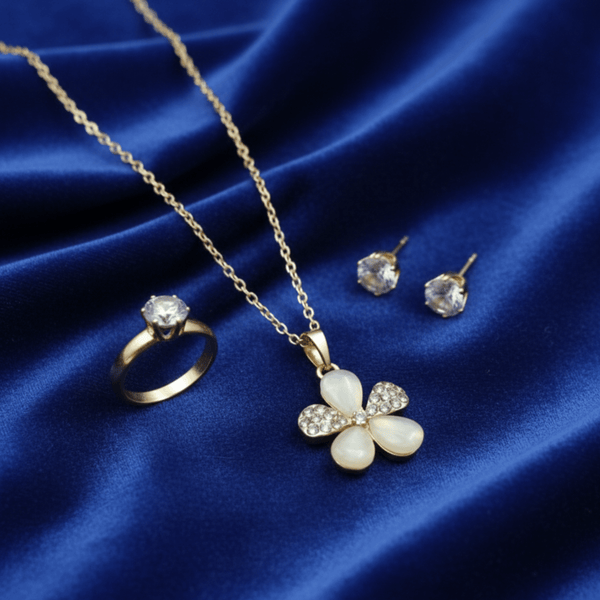 Tessara Gold-Plated Translucent Stone Floral & Solitaire Set