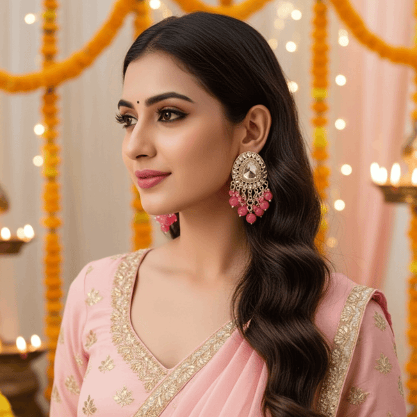 Tessara Gold-Plated Kundan Drop Earrings with Rani Pink Beaded Fringe